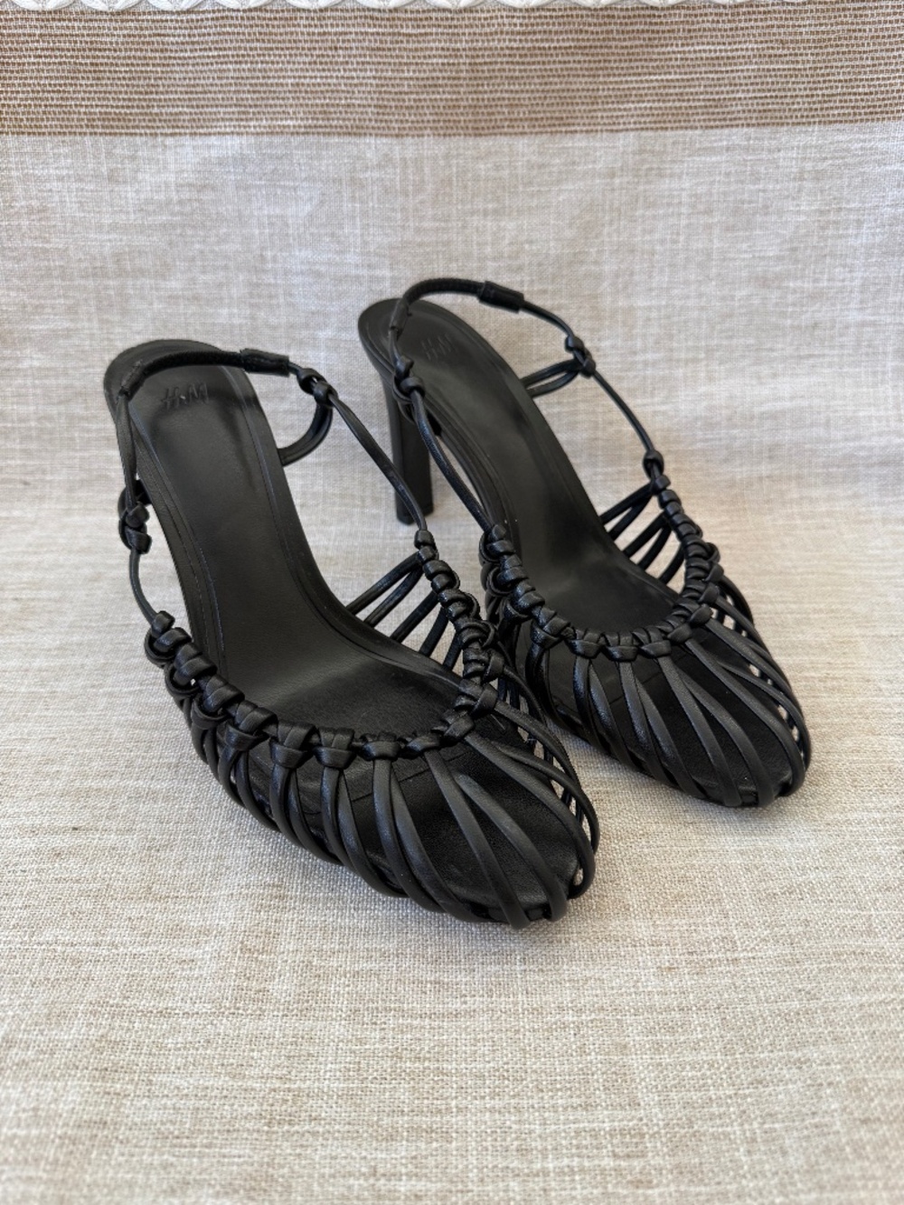 H&M Knotted Heeled Slingbacks Woven Cage Strappy Sandals Black Size 7